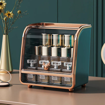 Light luxury plastic storage drawer in green for cosmetics, 25cm x 15cm with divided compartments for brushes and lipsticks