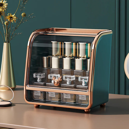 Light luxury plastic storage drawer in green for cosmetics, 25cm x 15cm with divided compartments for brushes and lipsticks