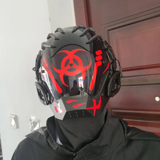 Black full-face cyberpunk prop mask with tech design elements, shown from front angle