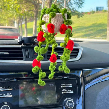 Green and white knitting wool car plant decoration with 8cm base and 25cm hanging rope