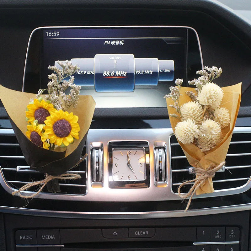 Mini dried flower bouquet mounted in car air vent for decorative aromatherapy