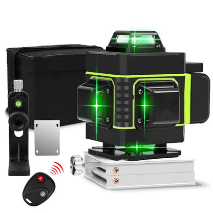 Rotating laser level with green beam displaying 16-line pattern for wall alignment