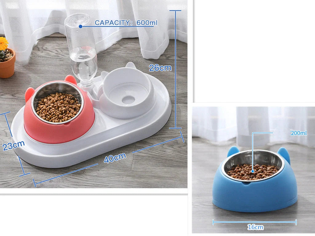 Stainless steel pet bowl with 15° tilt for cervical spine health, available in multiple colors