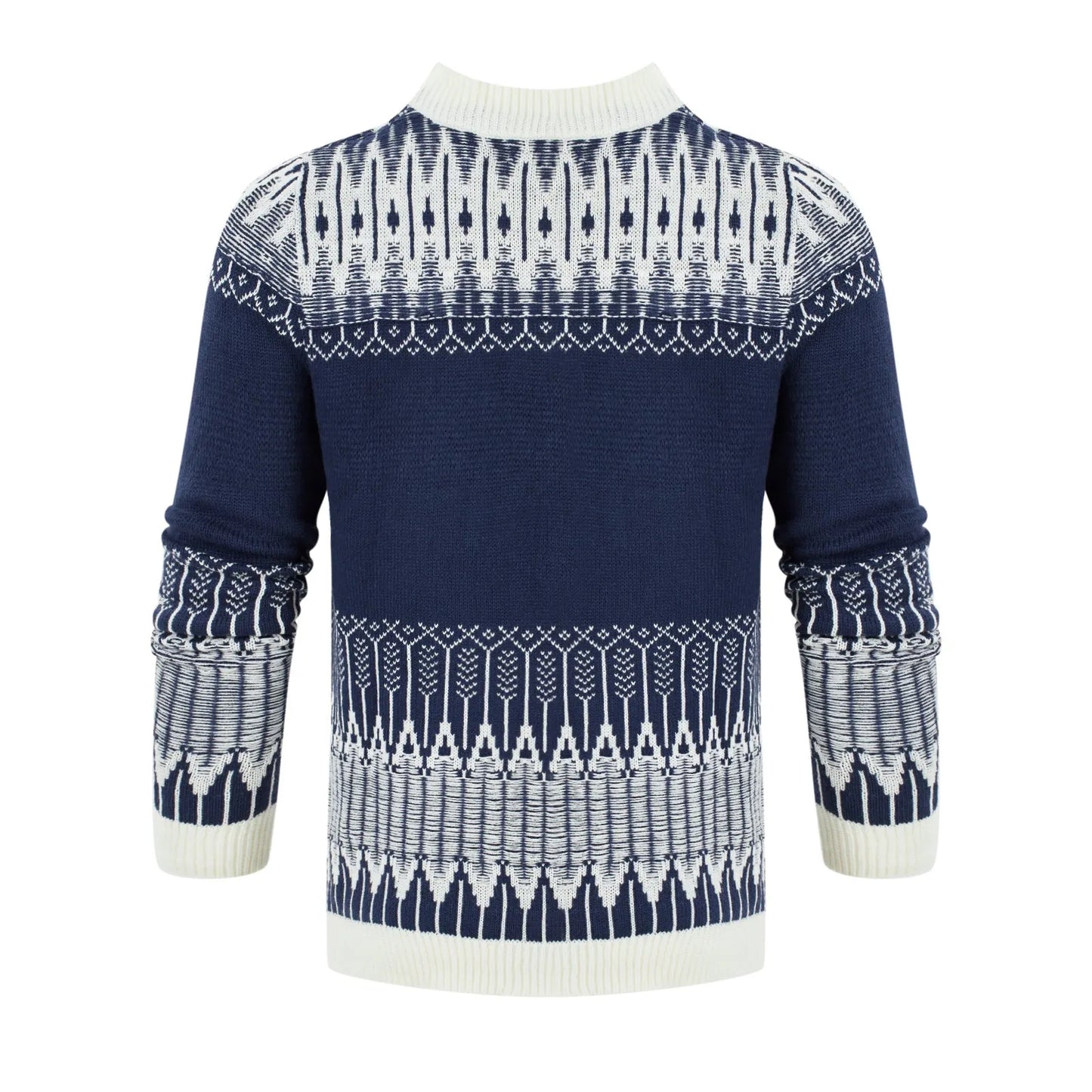 Men's grey cotton blend knitted pullover sweater with long sleeves on a hanger.