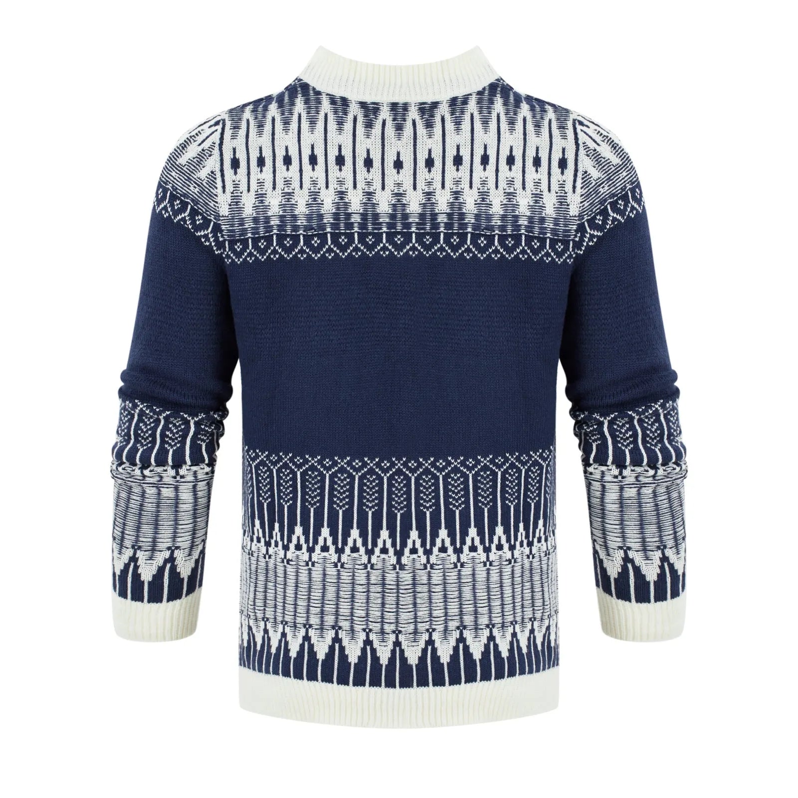 Men's grey cotton blend knitted pullover sweater with long sleeves on a hanger.