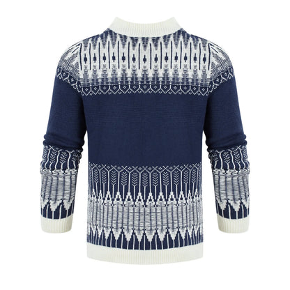 Men's grey cotton blend knitted pullover sweater with long sleeves on a hanger.