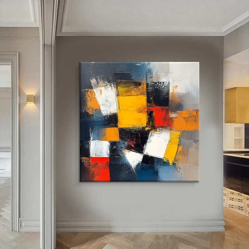 Hand-painted abstract oil painting on canvas, square unframed one-panel wall art, rolled for delivery