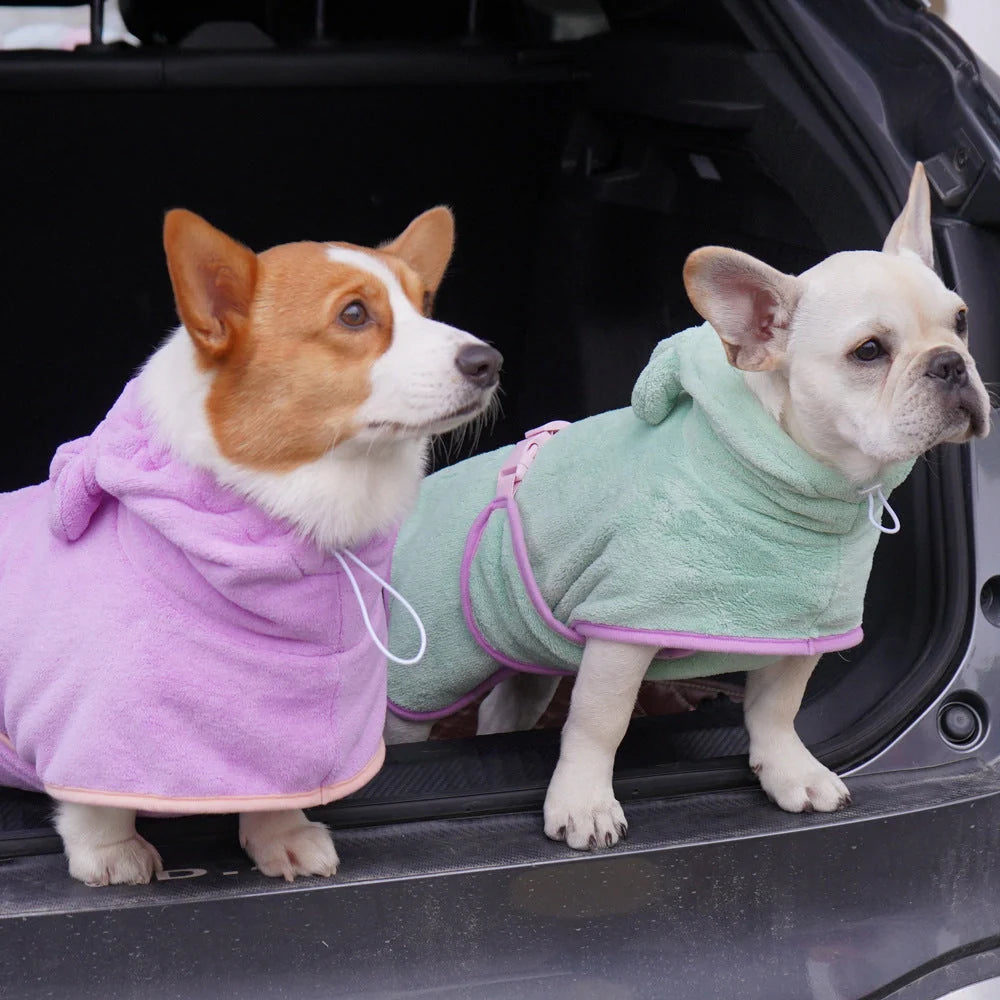 Adjustable quick-dry dog bathrobe in coral fleece, available in pink, violet, light green, and pumpkin style
