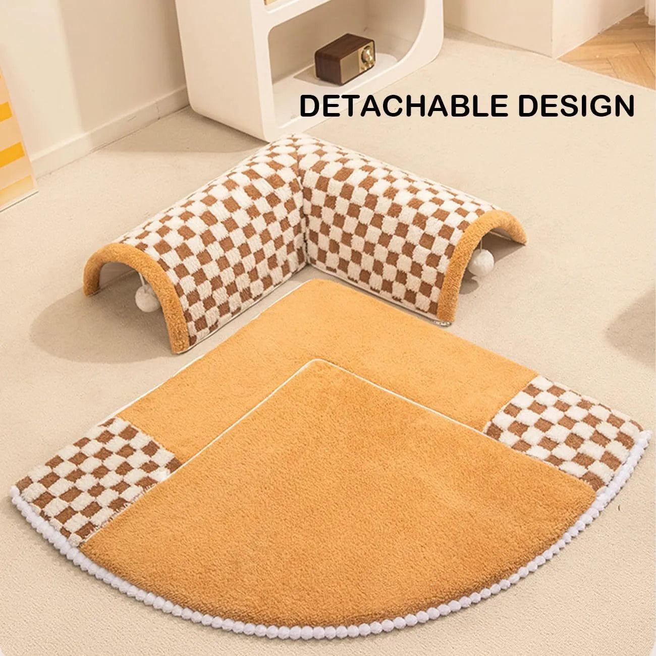 Fan-shaped plush pet bed with integrated tunnel in yellow colour, showing 80cm diameter and anti-slip bottom