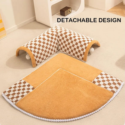 Fan-shaped plush pet bed with integrated tunnel in yellow colour, showing 80cm diameter and anti-slip bottom