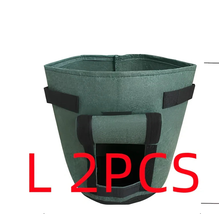 Black plant growth bag with side harvesting window and double handles for potato gardening