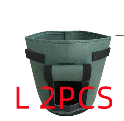 Black plant growth bag with side harvesting window and double handles for potato gardening