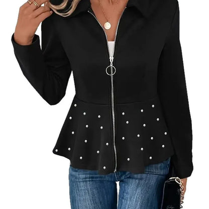 Women's black coat with heavy-duty zipper and ruffled hem detail in loose-fitting silhouette