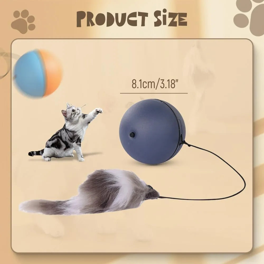 Automatic self-rolling cat ball toy in blue-orange and grey colours on indoor floor