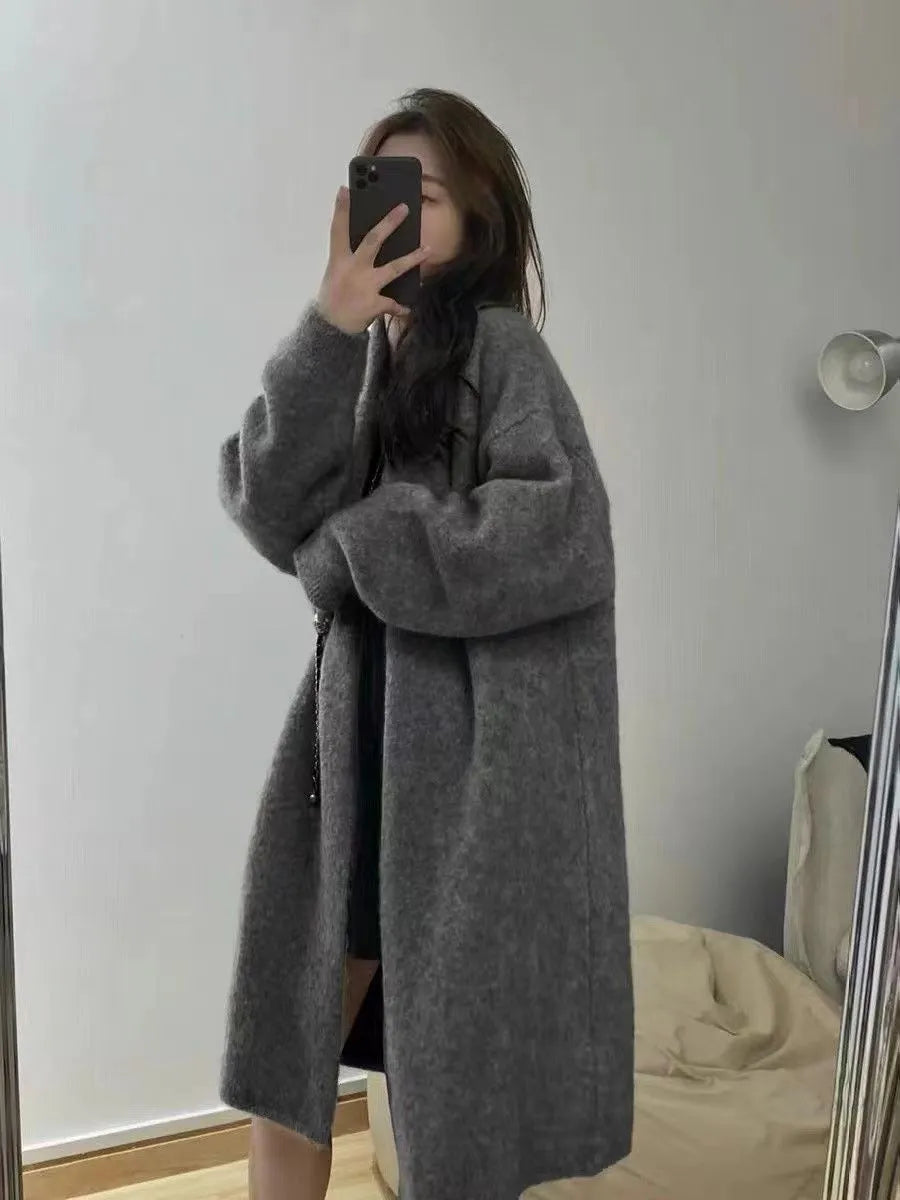 Women's knitted cardigan with V-neck, 65cm length, and loose fit in khaki colour