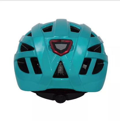 Unisex bicycle helmet with integrated safety light in matte black, fluorescent green, purple, and white