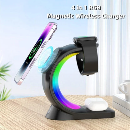 4-in-1 Magnetic Wireless Charging Station with RGB Atmosphere Light, Compatible with Smartphones, AirPods, and Apple Watch