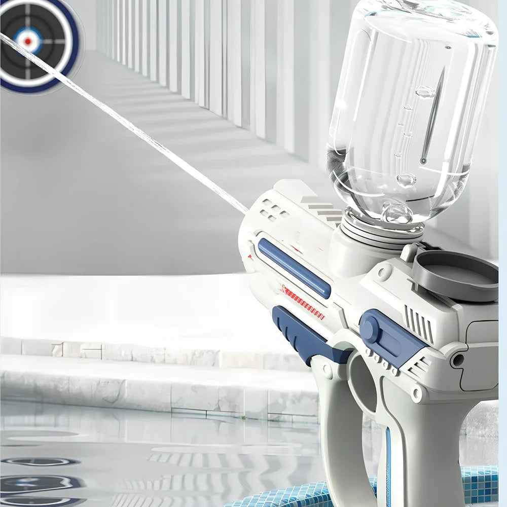 Automatic electric water gun with 800ml tank capacity and space-themed blue design