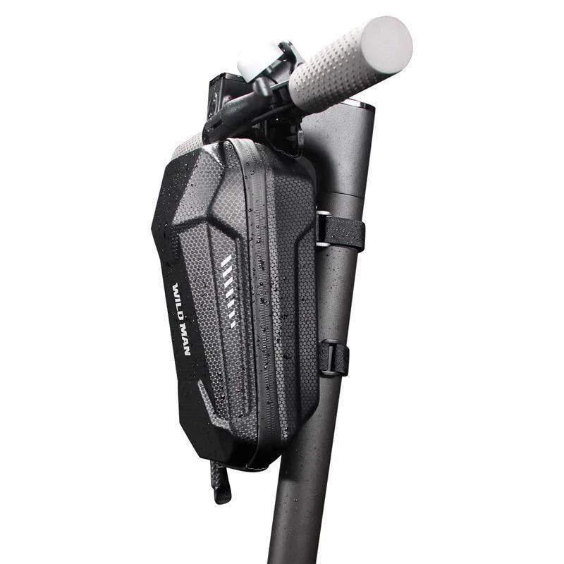 Weatherproof electric scooter front pouch in black with reflective trim, featuring compartments for storage and adjustable straps for a secure fit