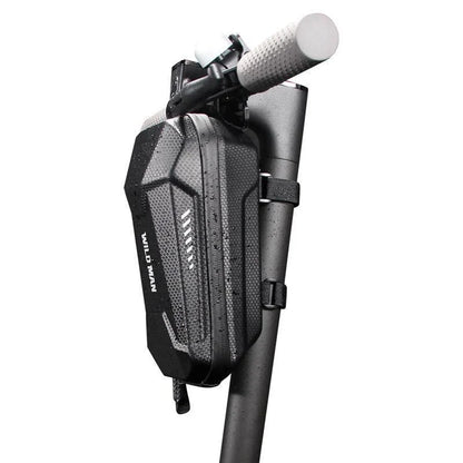 Weatherproof electric scooter front pouch in black with reflective trim, featuring compartments for storage and adjustable straps for a secure fit