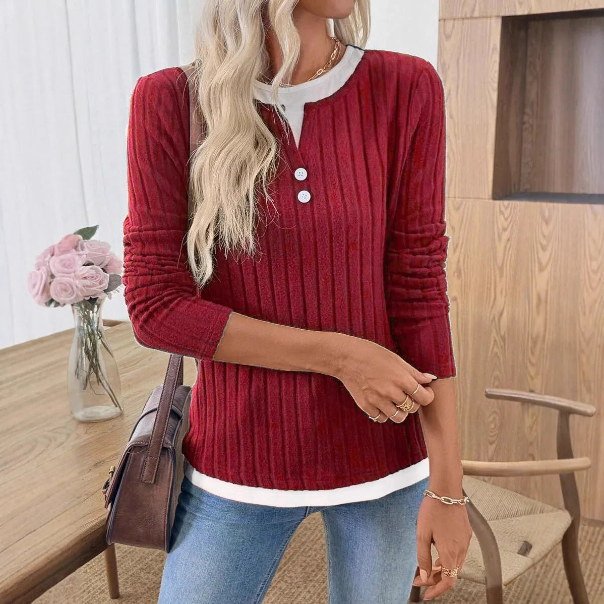 Women's concave stripe pullover sweater with fake two-piece design and button front in street fashion style