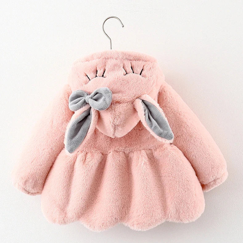 Children's furry cotton-padded coat with cartoon pattern in red colour, showing single-breasted closure and fleece lining