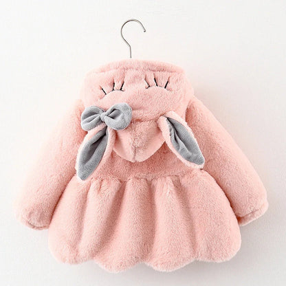 Children's furry cotton-padded coat with cartoon pattern in red colour, showing single-breasted closure and fleece lining