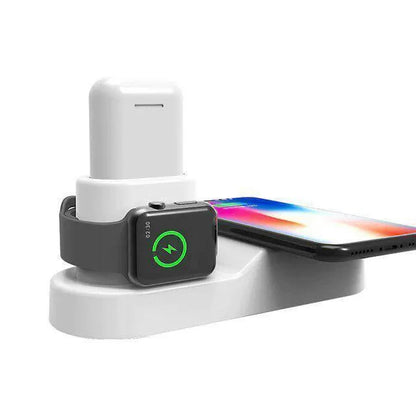 Black W3 wireless charging station with phone, Apple Watch, and earphones on charging pads
