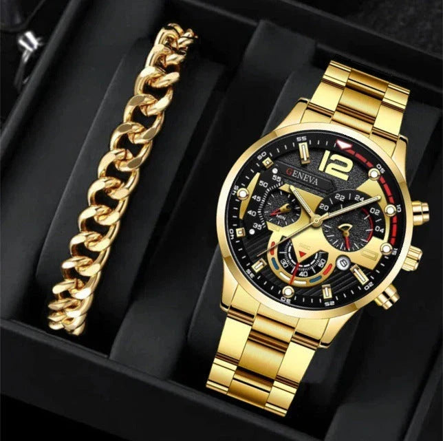 Men's stainless steel watch and coordinating bracelet set in various color options
