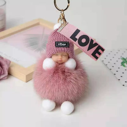 Hand-woven fox fur sleeping doll keychain pendant with optional bow