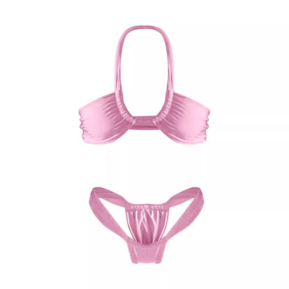 Women's Solid Color Split Bikini Swimsuit in navy blue, pink, and green