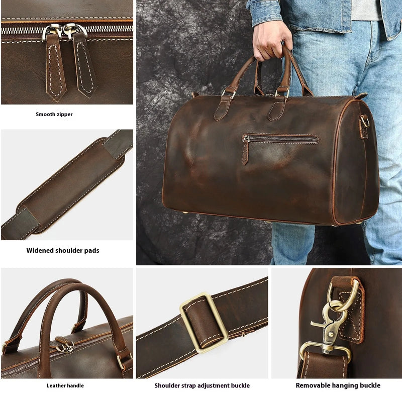 Large-capacity crossbody bag for men in genuine first-layer cowhide leather, vintage travel design with practical 48.3cm width by 25cm depth by 29cm height dimensions, available in black, brown, coffee, and deep coffee colour options