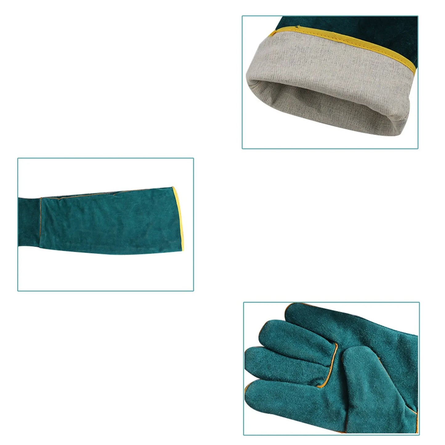 Dark green cowhide leather animal handling gloves with extended sleeve cuffs