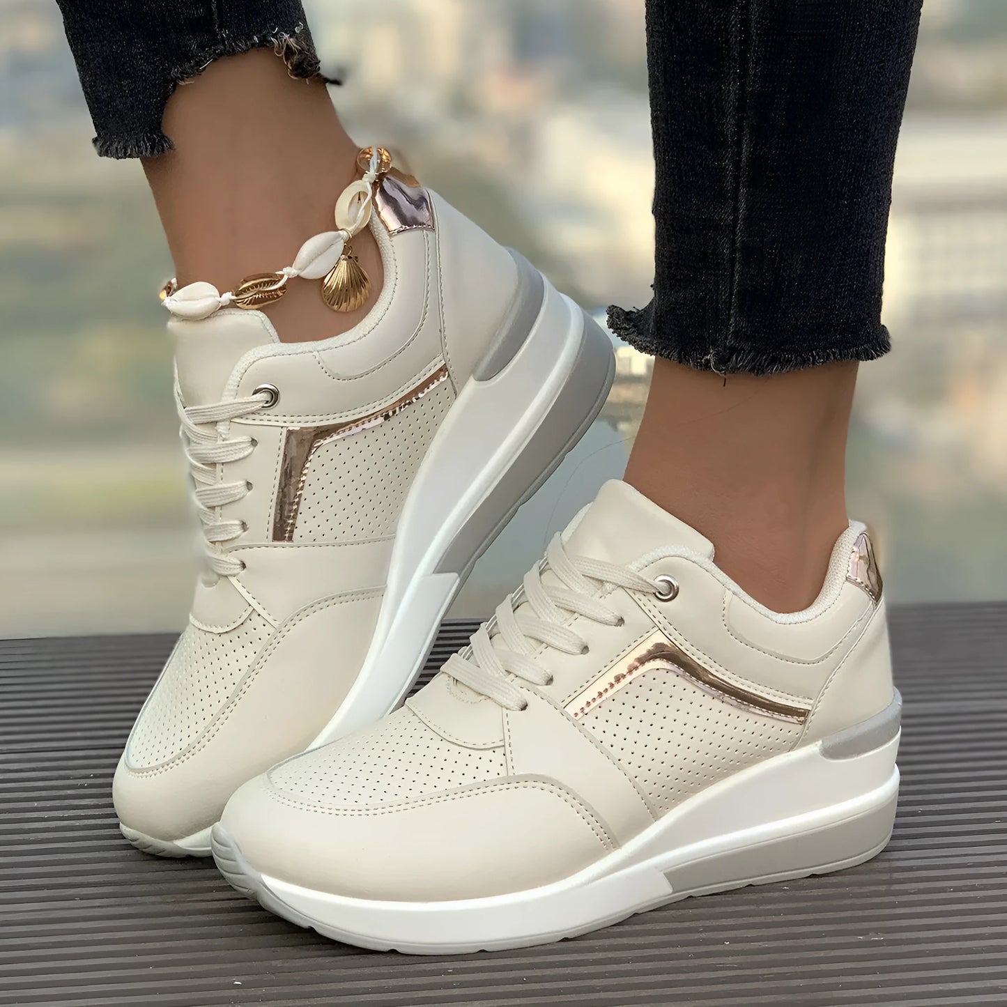 Women's white PU leather wedge platform sports shoes with front lace-up closure.
