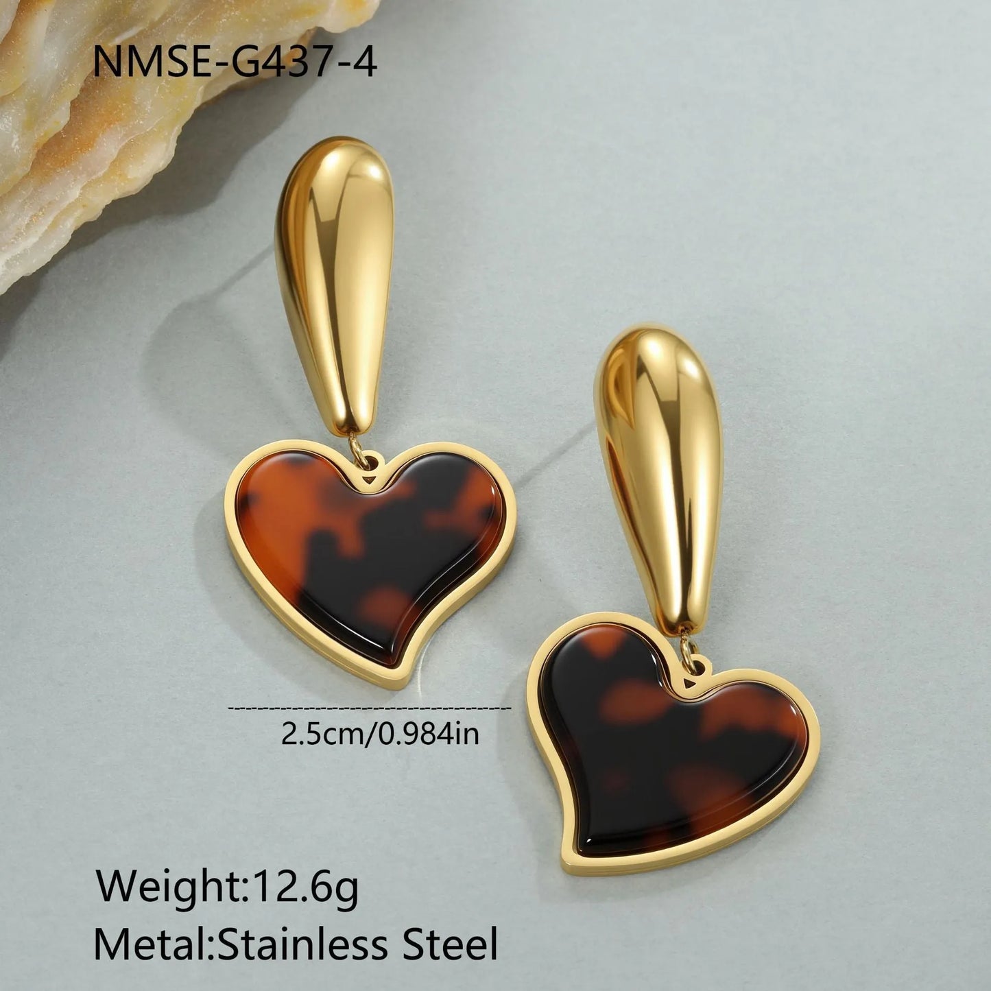Women's tortoiseshell resin hawksbill colour earrings with 18K gold electroplating on stainless steel, showing heart-shaped and floral designs