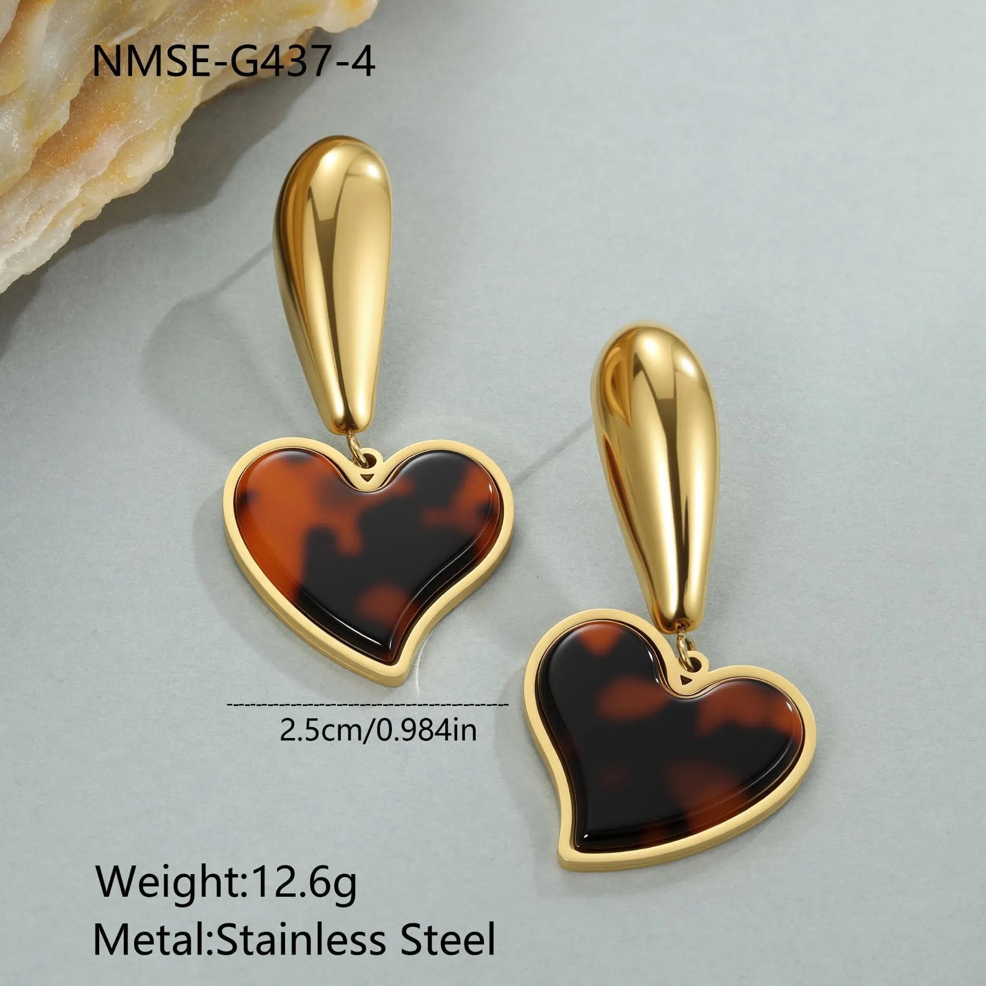 Women's tortoiseshell resin hawksbill colour earrings with 18K gold electroplating on stainless steel, showing heart-shaped and floral designs