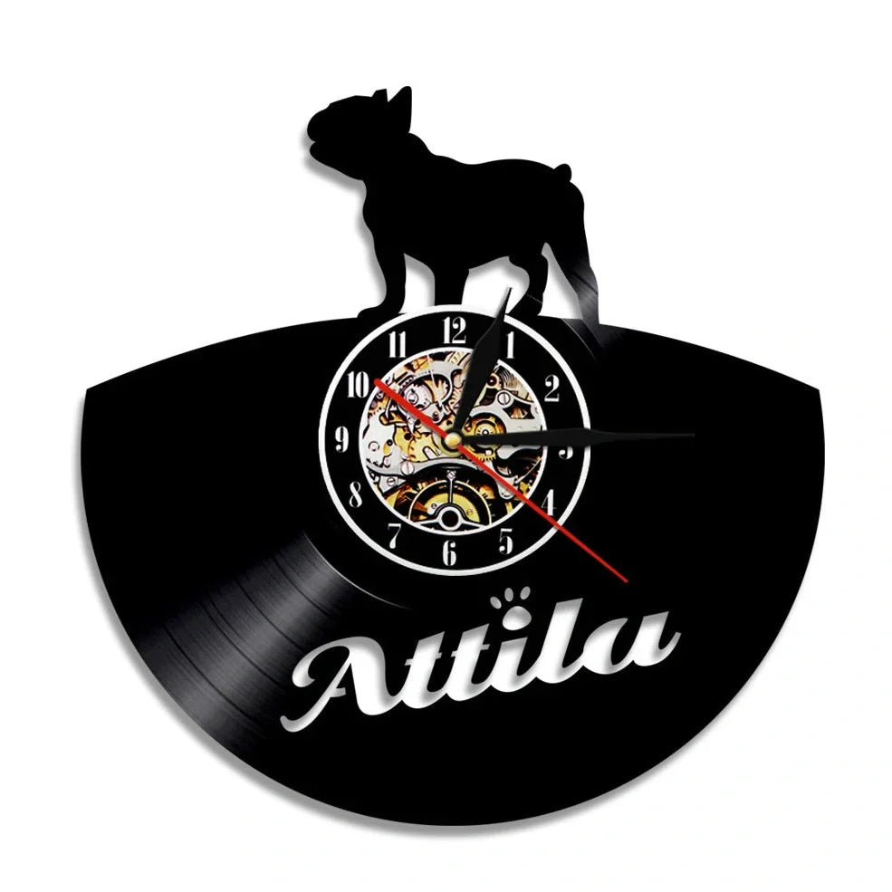 30cm vinyl record wall clock with dog breed designs, silent quartz movement, and pre-installed hook