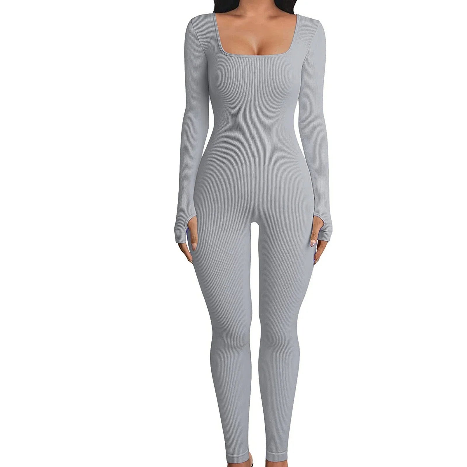 Stylish women's yoga jumpsuit with square neckline and long sleeves, available in a variety of colors