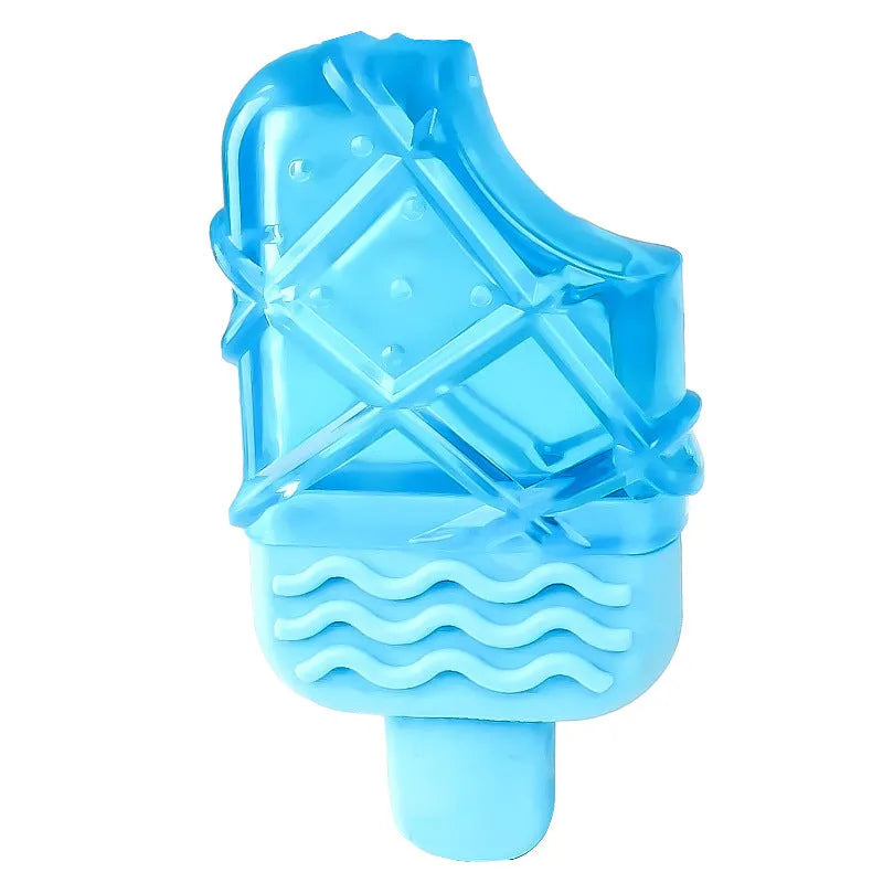 Three plastic dog toys: a blue pacifier, a red popsicle and an orange ring, designed to be filled with water and frozen.