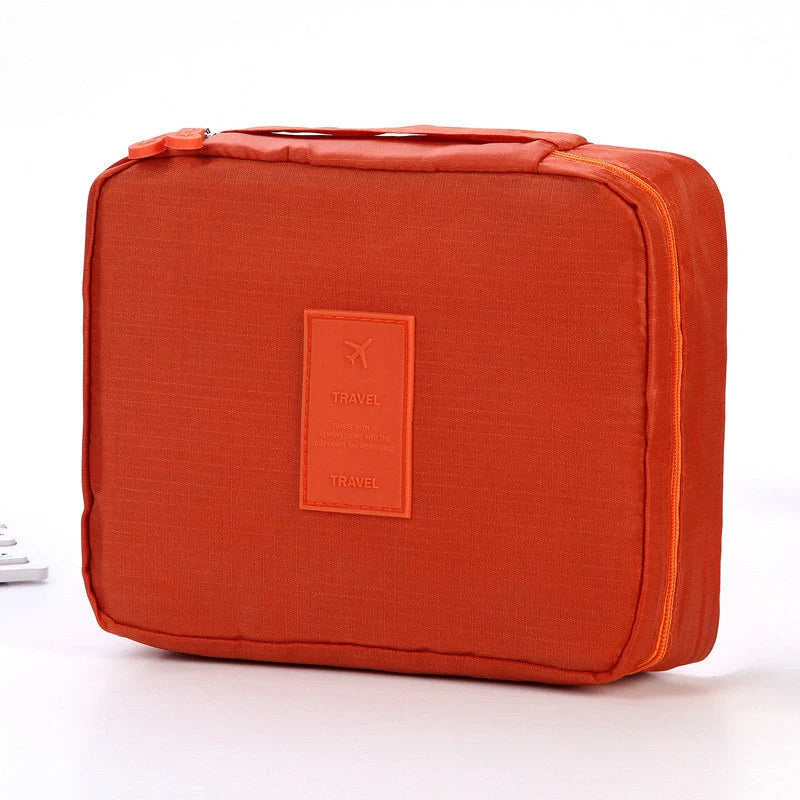 Stylish portable makeup bag with waterproof divider, multi-compartment storage, and variety of color options