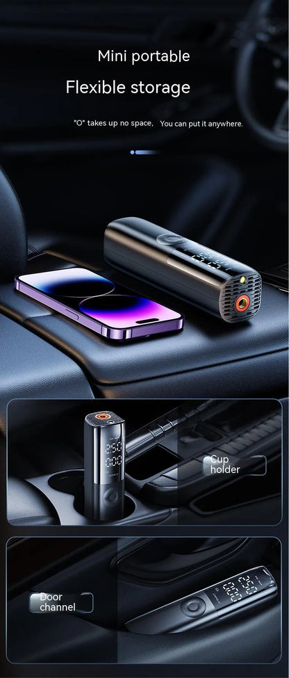 Black portable electric car air pump with tyre pressure gauge and power plug