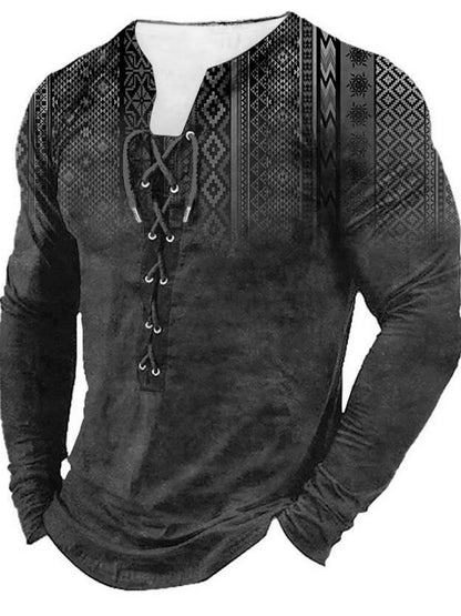 Men's long sleeved printed sports top with U-neck, polyester fibre fabric, sizes S to 4XL