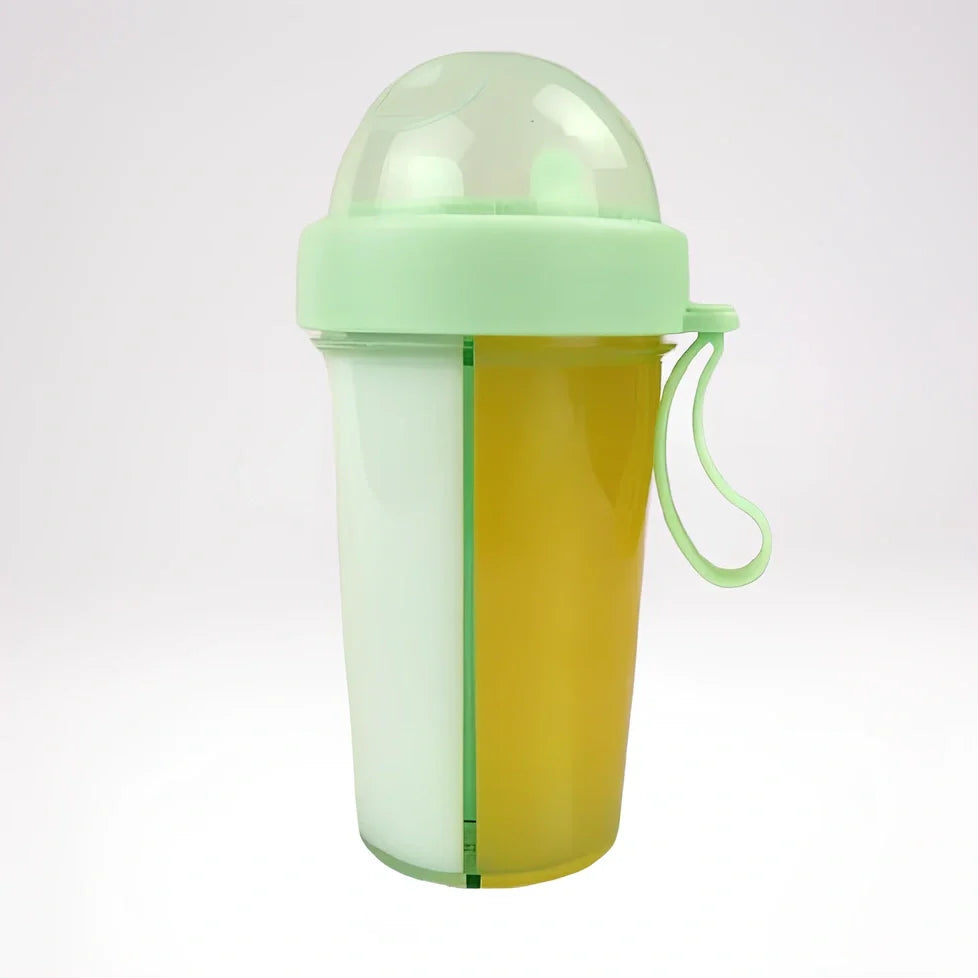 Double tube water bottle showing capacity options and colour choices including blue, green, pink, and white