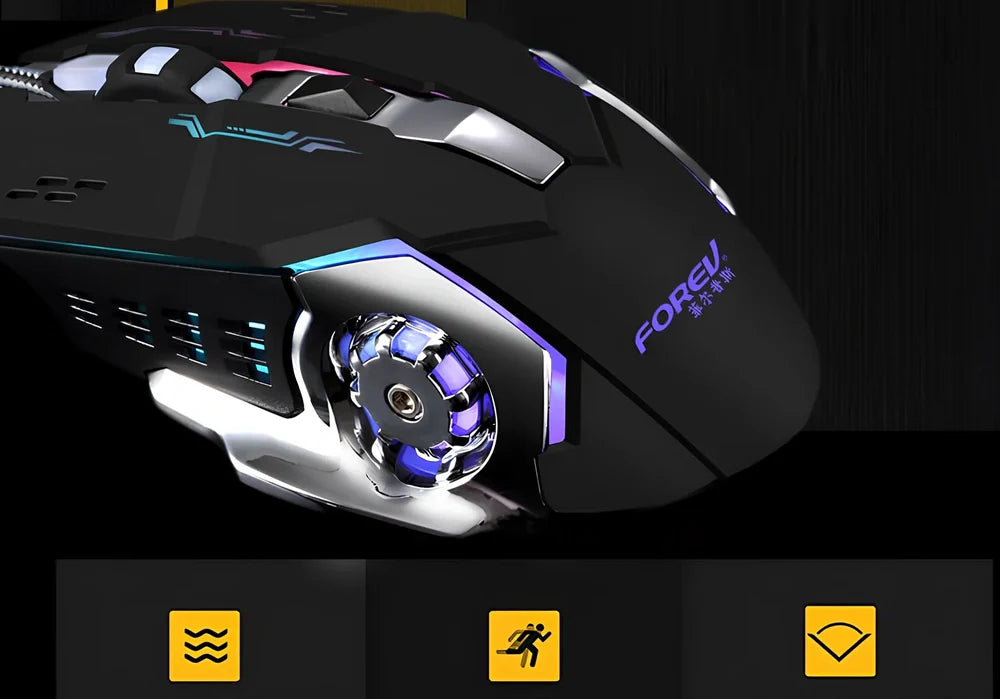 Black FV-502 mechanical gaming mouse with 7-colour breathing backlight and adjustable DPI settings
