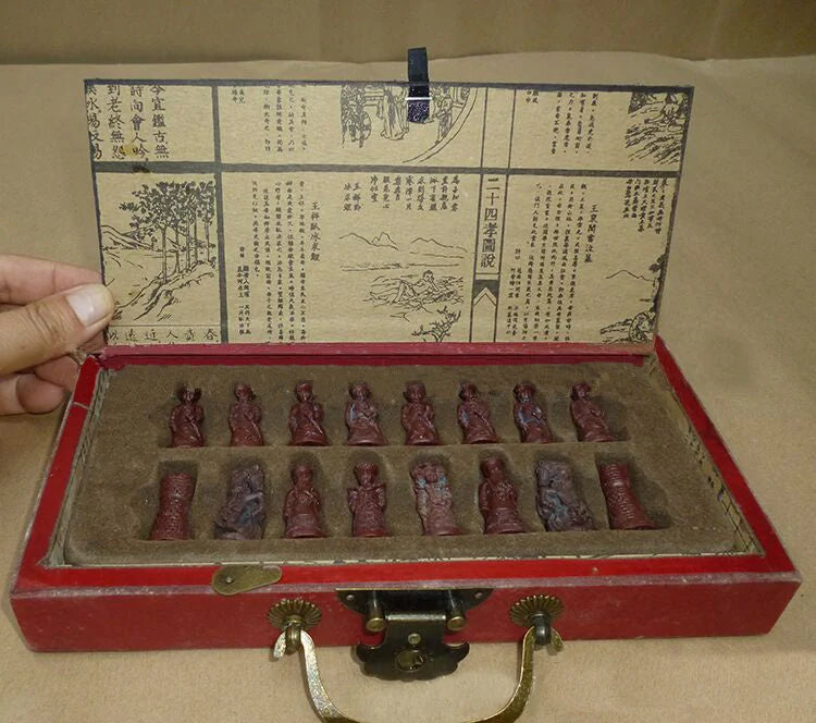 Handcrafted antique terracotta chess set with folding wooden board and detailed polymer resin pieces