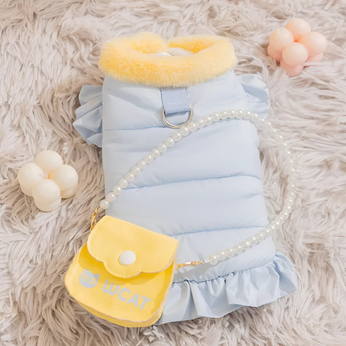 Small dog wearing blue princess skirt pet clothes with D-ring leash attachment, autumn winter fleece