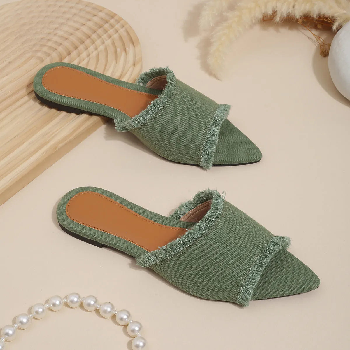 Women's denim casual slippers with tassel detail in various colours