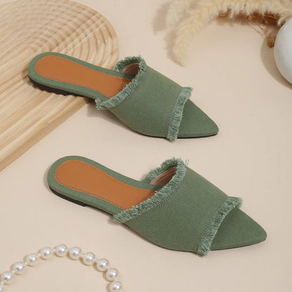 Women's denim casual slippers with tassel detail in various colours