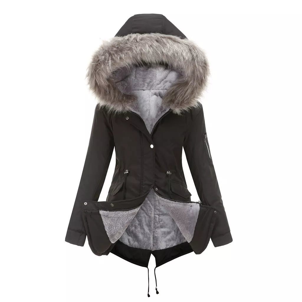 Mid-length hooded parka in various colors, ideal for cold weather protection
