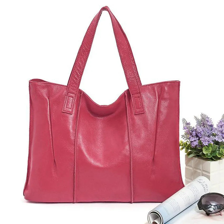 Top grain leather single shoulder tote bag in apricot with stitching and patchwork, soft genuine leather, women's daily wear bag.